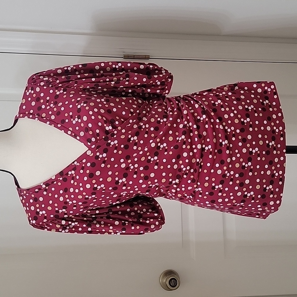 Nine West Size M Magenta Faux Wrap Blouse with Brown, Tan & White Polkadots, EUC